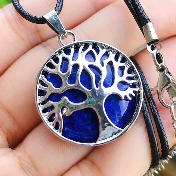 Lapis Lazuli Natural Gemstone Tree Of Life Round Pendant Gemstone Necklace - Picture 2 of 2